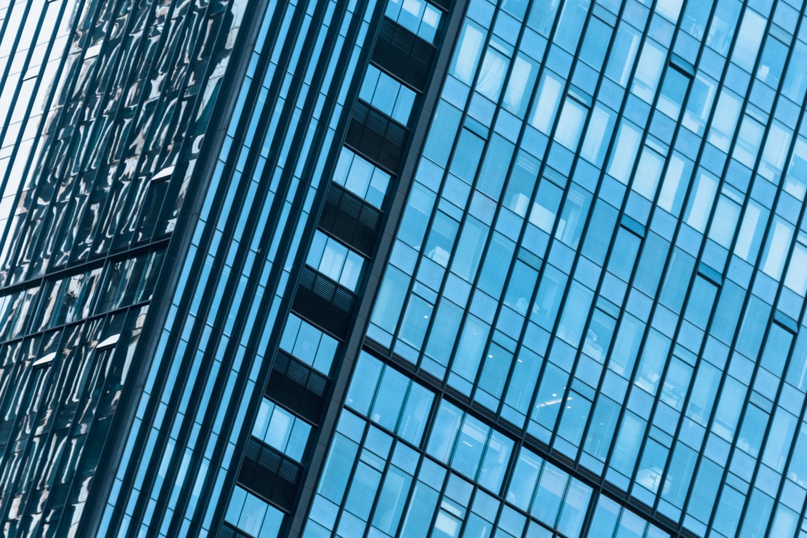 Close-up detail of a modern Grade A office building glass facade