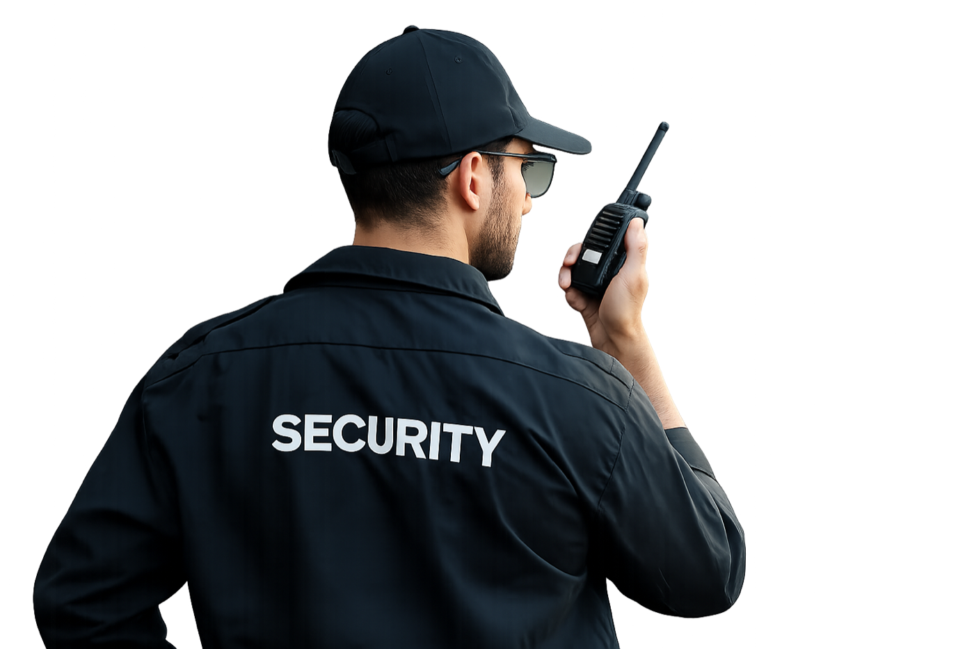 SIA-licensed security officer on patrol communicating via radio at a Grade A commercial site